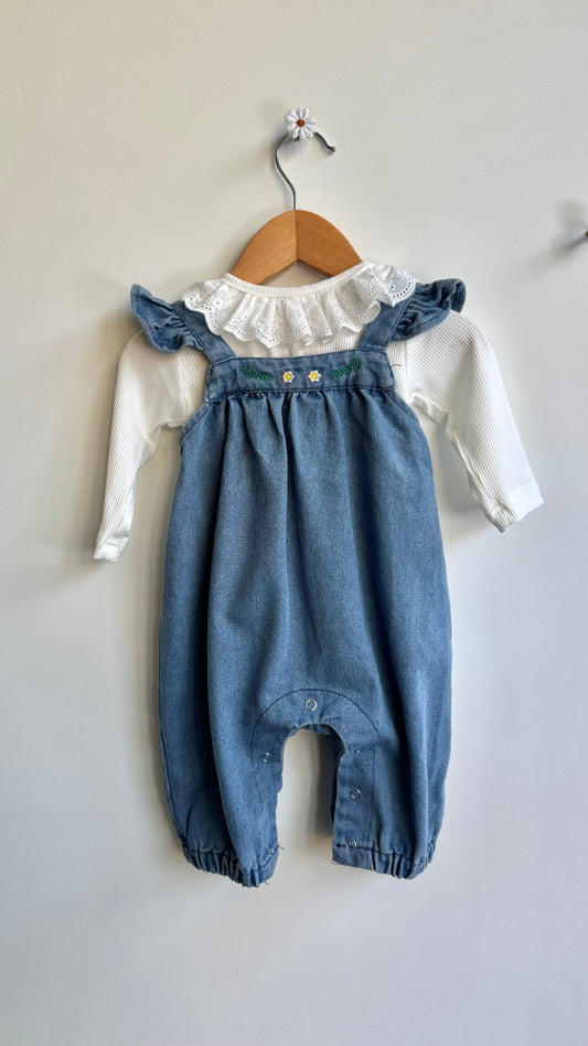 Girls - Denim Embroidered Romper & Top Set