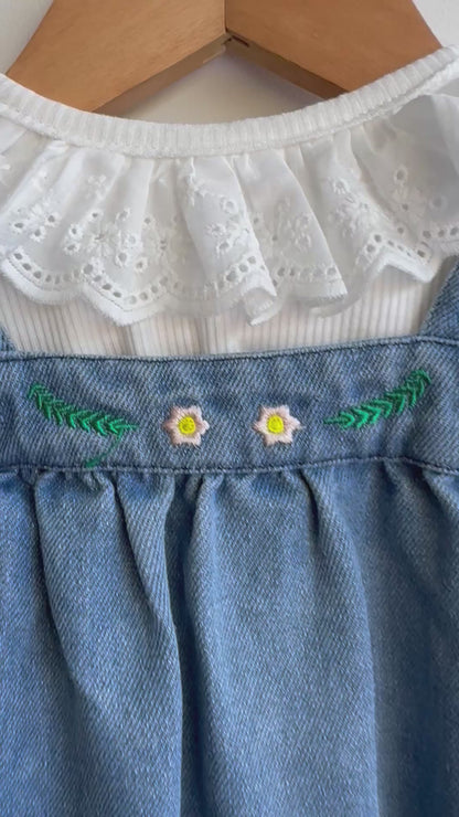 Girls - Denim Embroidered Romper & Top Set